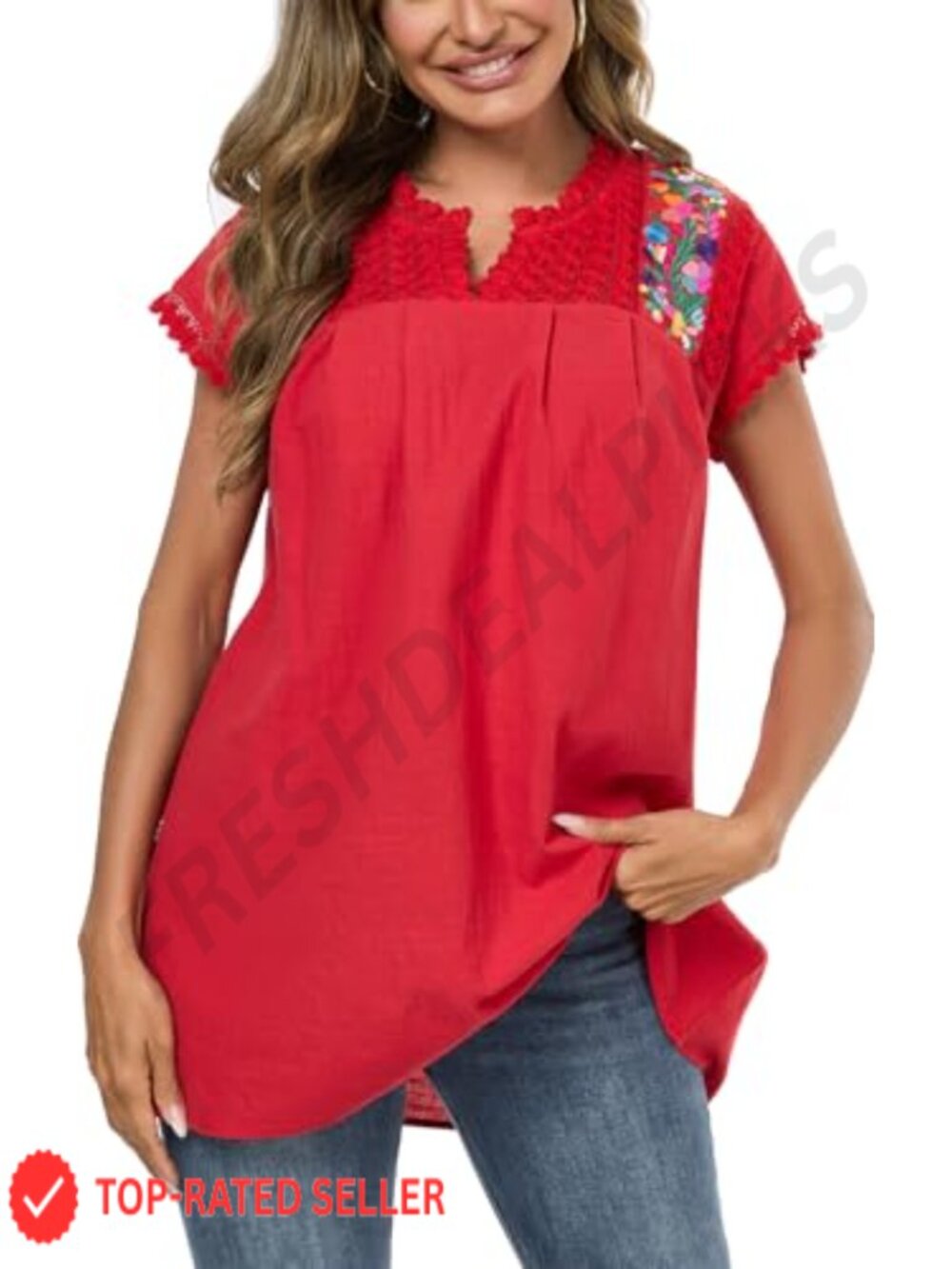 Embroidered Peasant Blouse Lace V-Neck Short Sleeve Summer Top